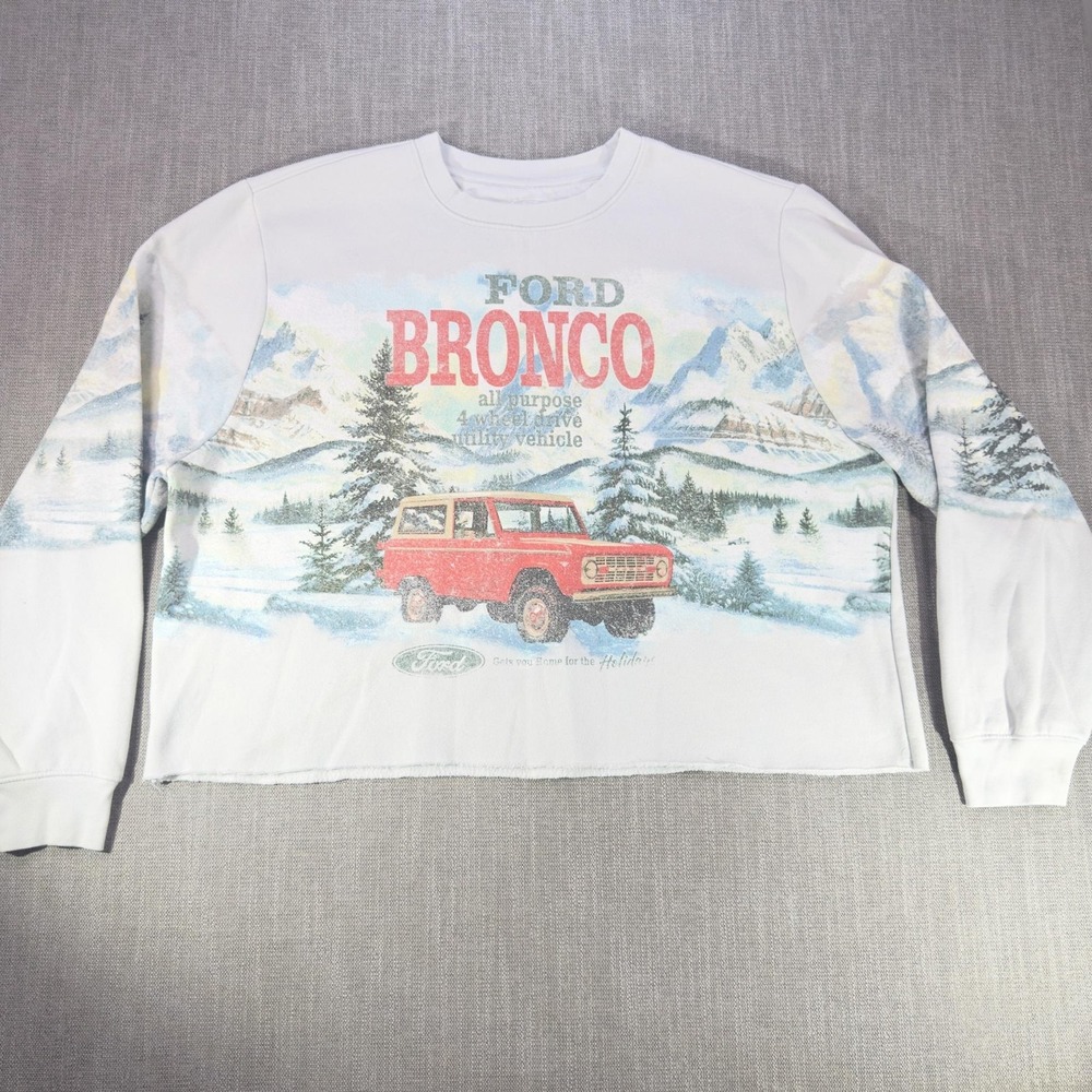 Ford Bronco Sweatshirt Mens 2XL White Fleece Crewneck Pullover Holiday Cropped